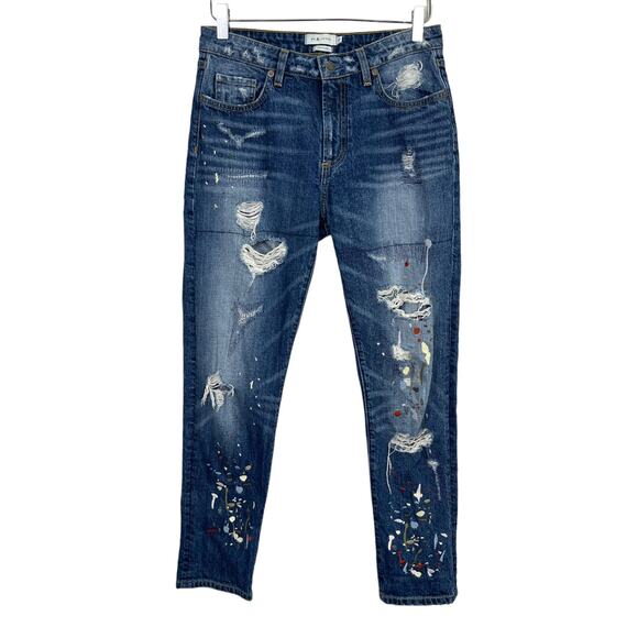 MM Vintage Distressed Embroidered Boyfriend Jeans 26 Splatter Paint Boho Grunge - Picture 1 of 6